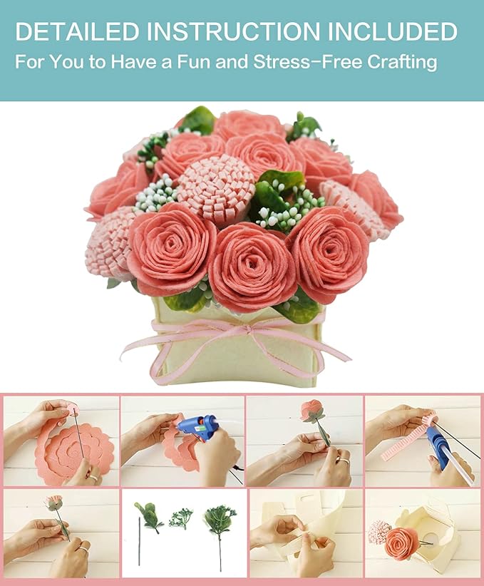BAZIMA DIY Felt Flower Art Craft Kit, Pink Rose and Carnation Pot Bonsai Kit, Floral Gifts, Beginner Craft Kit, Arrange Pre-Cut Flowers and Foliage