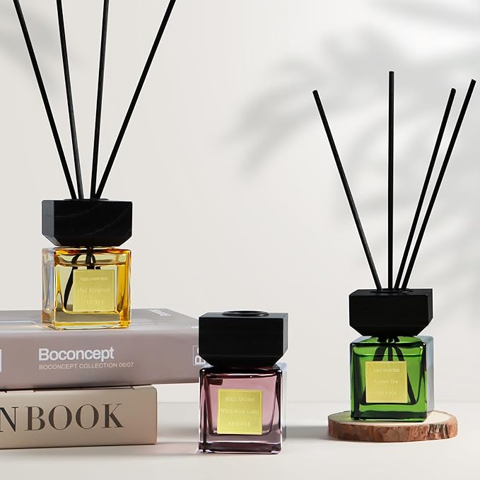 Aeeteek Reed Diffuser Set of 3, White Birch Cedar & Oud Bergamot & Green Tea Tree Essential Oil, 15 Diffuser Sticks, Hotel Collection Bathroom Air Fresheners, 50ml Home Fragrance for Christmas Decor