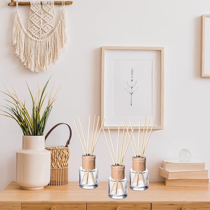 Roshtia 8 Set Reed Diffuser Bottle Empty Refillable Fragrance Glass Diffuser Bottles Set with Wooden Caps Sticks 50ml 1.7 oz Round Glass Jars for DIY Fragrance