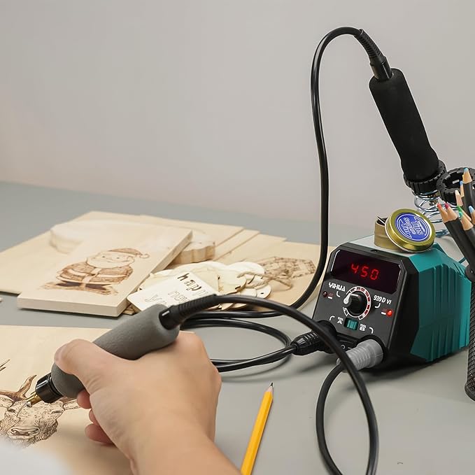 YIHUA 939D-VI Dual Pen Wood Burning Kit with Digital Display with 20 Wire Nibs, Detachable Wood Burning Pen, 2 Wood Pieces, Tweezers Used as Wood Burning Tool