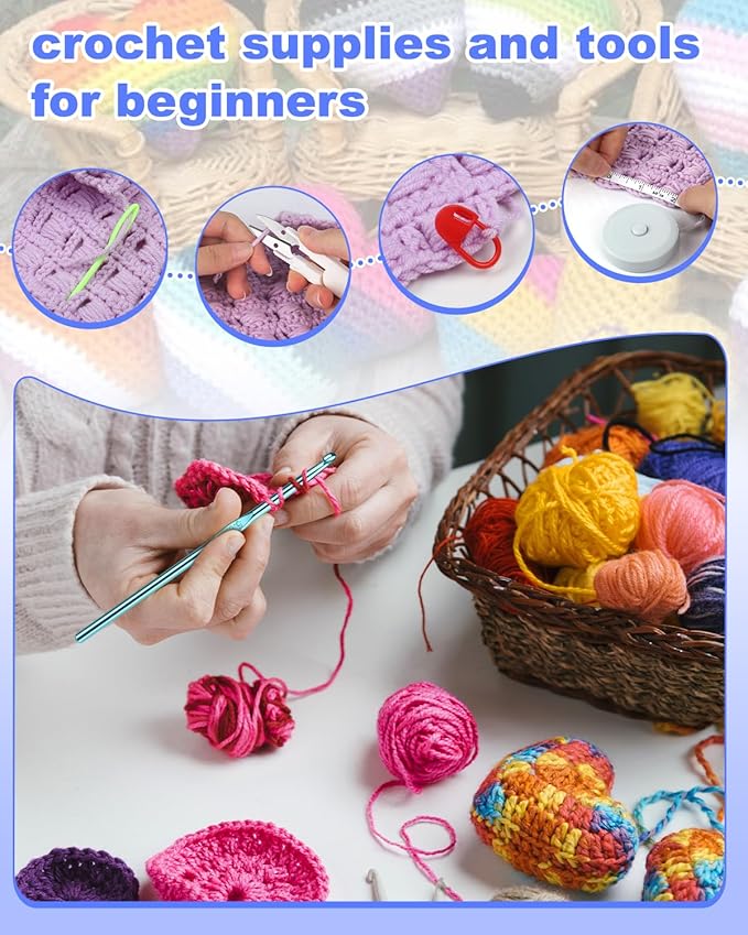 Aeelike Crochet Kit for Beginners Young and Old, First Crochet Kit for Adults Include 23pcs Crocheting Hooks, 655 Yards Yarn Set, Instruction, Bag, Crocheting Accessories and Supplies, Pink