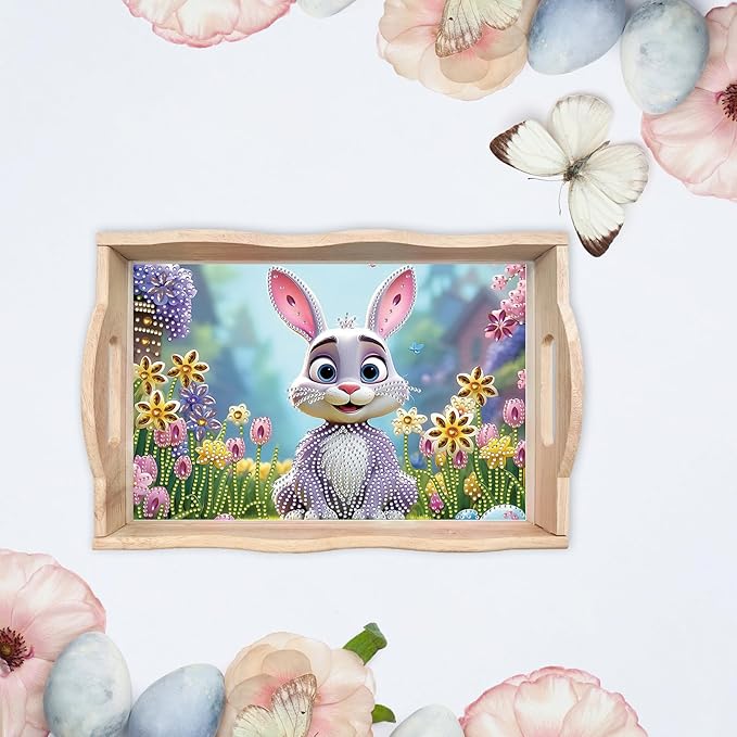 DIY Diamond Art Wooden Tray Kit, Food Tray with Handle Diamond Painted Table Decoration Tray, for Breakfast, Bar Dinner Table Diamond Dots Gem Painting Art Set for Beginners-#39-Easter Bunny