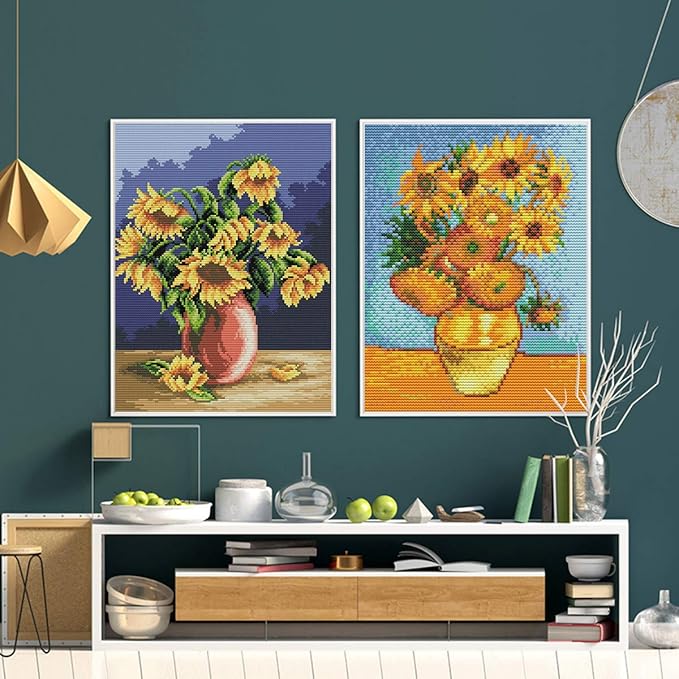 Printed Cross Stitch Kits 11CT 10X13 inch 100% Cotton Holiday Gift DIY Embroidery Starter Kits Easy Patterns Embroidery for Adults Crafts DMC Stamped Cross-Stitch Supplies Needlework Sunflower