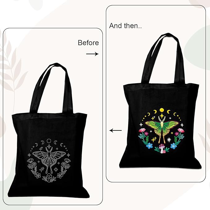 Nuberlic Canvas Tote Bag Embroidery Kit for Beginners Adults -DIY Needlepoint Kit with Butterfly Pattern Bag Reusable Eco-Friendly Shopping Bag