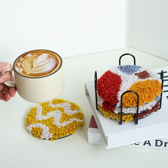 Temlum Punch Needle Coasters Kit, Punch Needle Embroidery Kit for Beginners and Adults Including Patterns, Tools, Yarns, Hoop, Instruction, Coaster Holder Coaster Art Craft Supplies (Lines)