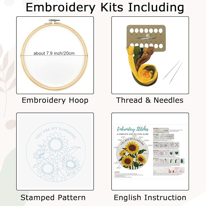 Nuberlic Sunflower Embroidery Kit for Beginners -Adults Starter Cross Stitch Kit DIY Needlepoint with Hoop, Pre-Printed Fabric, Threads & Step-by-Step Guide