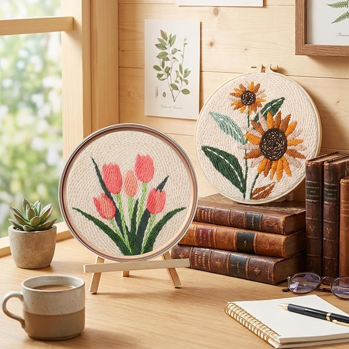 Lyksgir 3 Sets Punch Needle Kits, Punch Needle Embroidery Starter Kits for Adults Beginners, DIY Easy Flower Embroidery Set with Printed Pattern, Hoops, Yarns, Instruction and Threader Tools