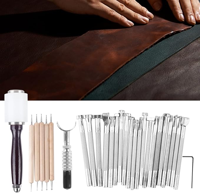 Leather Working Tools Set 28PCS, DIY Leather Craft Stamping and Carving Kit, Wood and Nylon Handle - Complete Leather Crafting Kit, Comfortable Grip, Ideal for Beginners and