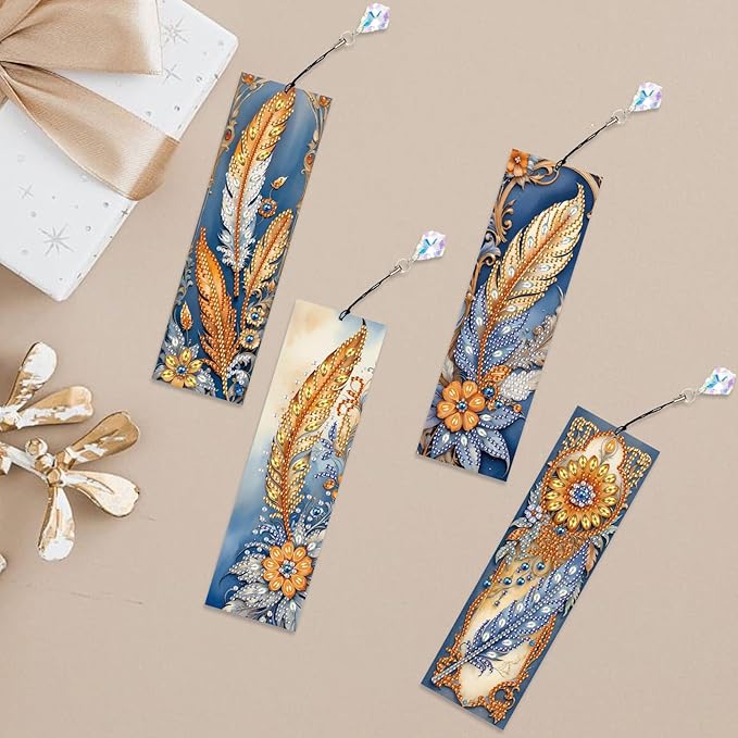 4-Pack 5D Diamond Painting Bookmarks Kit, DIY Diamond Art Bookmarks with Rhinestones and Tassels, Bohemian Unique Flower and Feather Designs, Handmade Bookmark Set for Adults, Gift for Book Lovers