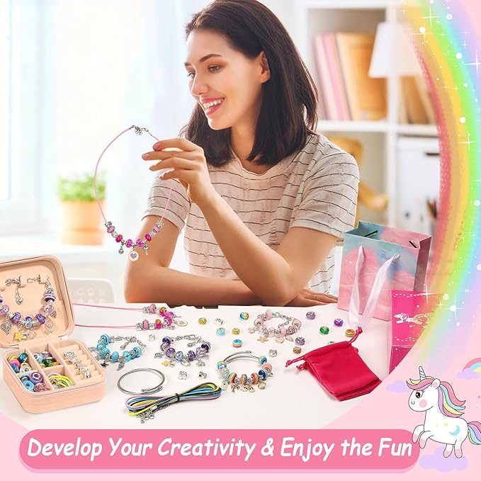 LifeisLuck Charm Bracelet Making Kit, 140 PCS DIY Craft Bead Sets Jewelry Making Kit, Portable Bracelet Organizer Gift Box for Teenage Birthday Christmas Stocking White Elephant Gift Exhange
