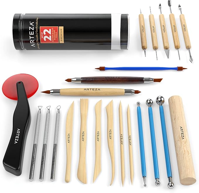 ARTEZA Pottery & Polymer Clay Tools, 22-Piece Sculpting Set with Steel Tips and Wooden Handles, Craft Kit for Pottery Modeling and Carving
