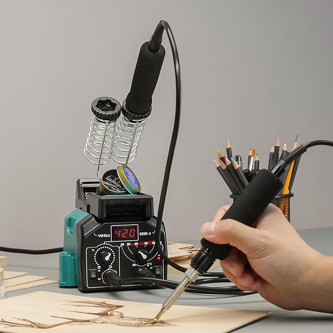 YIHUA 939D-II Pyrography Pen Wood Burning Kit Station 2-in-1 Solid-Point 200~480°C (with Temp Display)/Wire-Nib 250~750°C with 20 Nibs, Solid Points, 1 Stable Pen Holder, 2 Scrap Wood (Green)