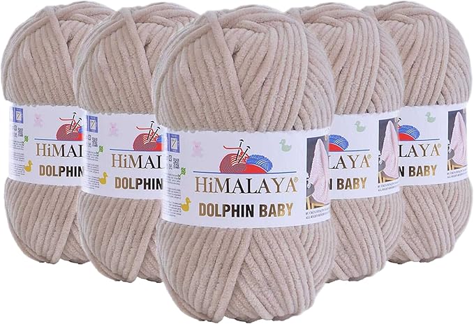 5 Skein/Pack Himalaya Dolphin Baby Chenille Yarn, Each Ball 100 gr (3.5 oz), 120 m (132 Yards), 100% Polyester, Super Bulky Baby Blanket Velvet Amigurumi Yarn, 80373 - Light Beige