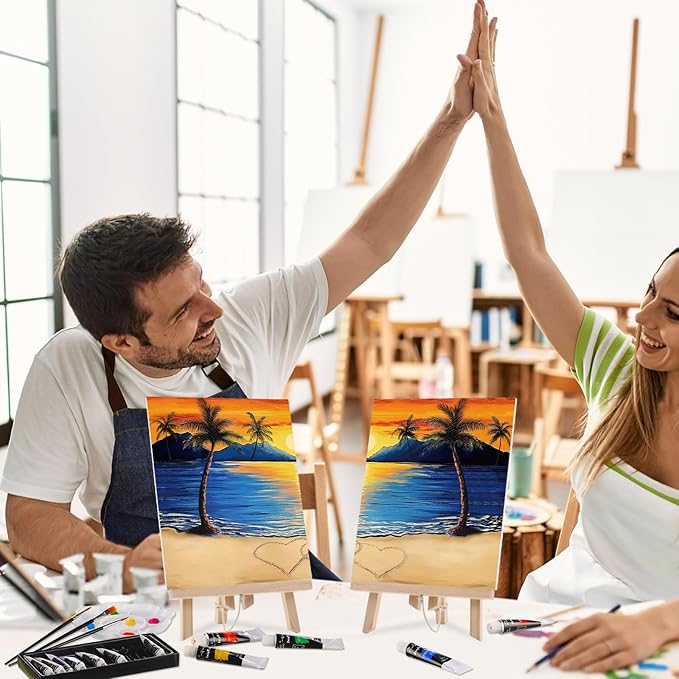 Ctosree 72 Pcs Lovely Couple Paint and Sip Kit for Adults 8'' x 10'' Pre Drawn Canvas for Painting DIY Pre Printed Canvas for Party Favor Afro Acrylic Painting Kit Wood Easel Brushes Date Night Bulk