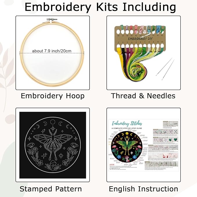 Nuberlic Moth Embroidery Kits for Beginners - Embroidery Starter Cross Stitch Kit DIY Needlepoint Including Cloth with Pattern, Hoop, Needles Instruction and Threads