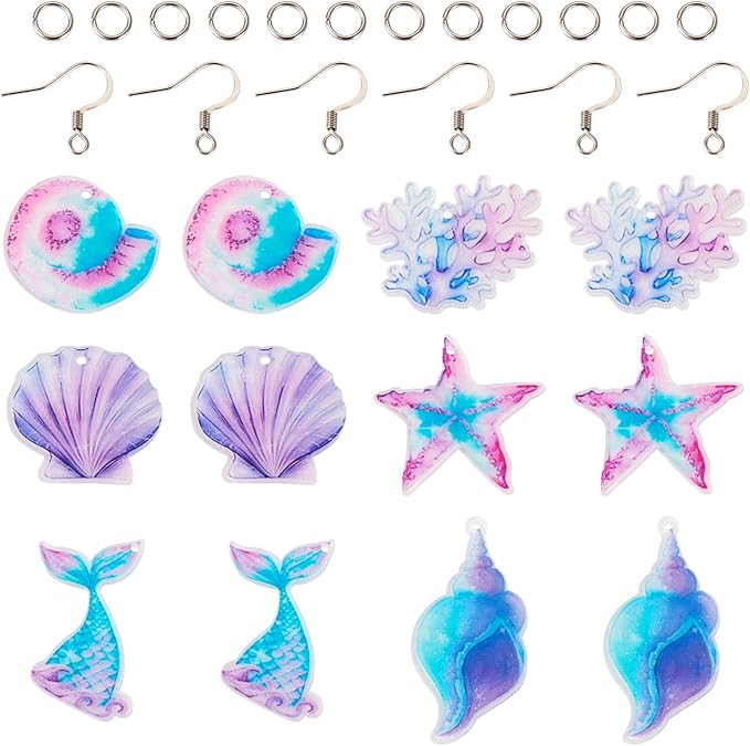 Beadthoven 6 Pairs DIY Ocean Theme Earrings Making Kit Purple Acrylic Starfish Shell Coral Mermaid Charms Marine Life Sea Animal Pendants with Earring Hooks Jump Rings for Jewelry Making Supplies