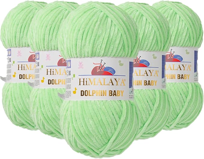 5 Skein/Pack Himalaya Dolphin Baby Chenille Yarn, Each Ball 100 gr (3.5 oz), 120 m (132 Yards), 100% Polyester, Super Bulky Baby Blanket Velvet Amigurumi Yarn, 80350 - Light Green