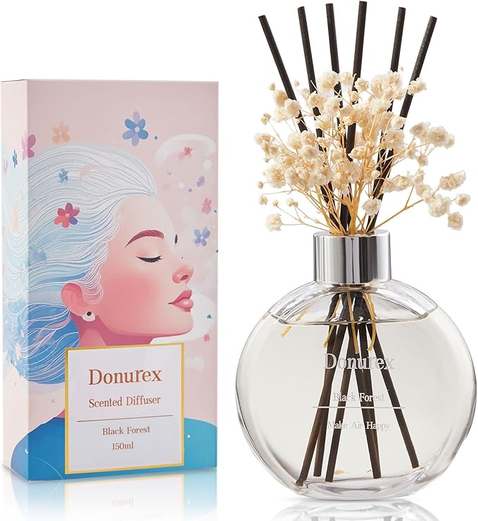 Donurex Flower Reed Diffuser Set 5.07oz Black Forest Scent Diffuser with Sticks Home Fragrance Reed Diffuser for Bathroom Shelf Decor
