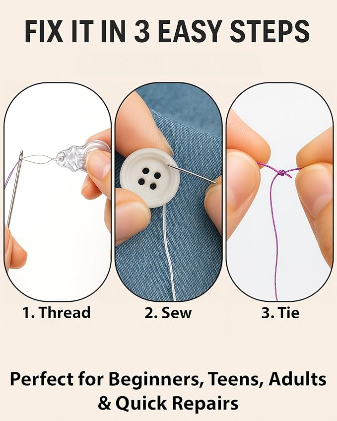 Vellostar Sewing Kit for Adults & Beginners - A Portable Hand Needle and Thread Kit with Premium Sewing Supplies and Accessories for Emergency Clothing Repairs, Travel, and Home Mending