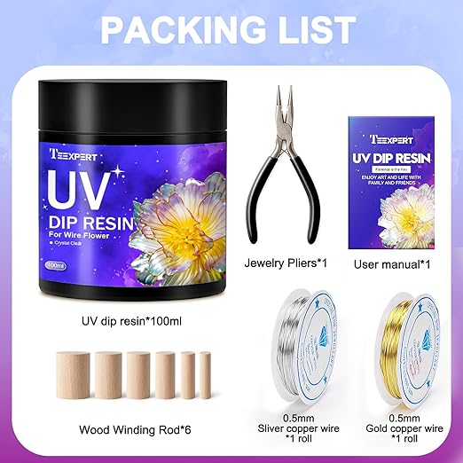 Teexpert UV Dip Resin for Wire Flowers Kit, 100g Crystal Clear UV Resin Starter Kit with 6 Winding Rods, Pliers, 2Pcs 31FT Wires for Jewelry Making, Fast Cure Thick Glue for DIY Flower Decoration