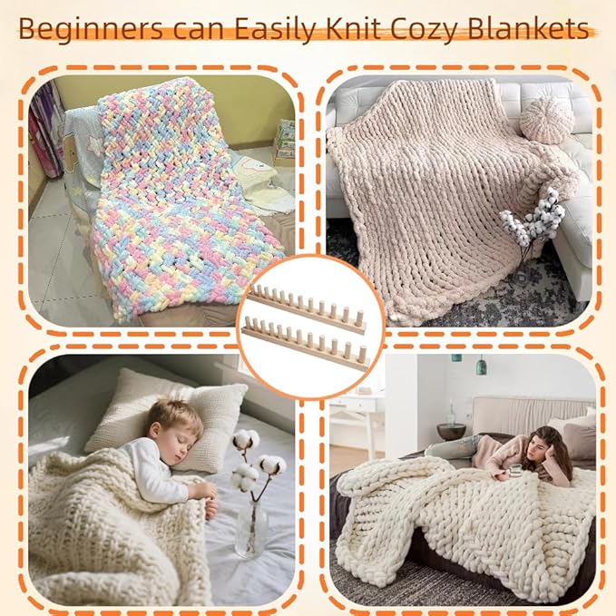 Yarniss 47" Chunky Blanket Loom Kit, Wooden Knitting Loom Frame for Hand, Thick Yarn Knitting Tools for Beginner 2 Packs,Nature Wood Loom Blanket