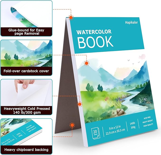 Hapikalor 9"x12" Watercolor Sketchbook, 1-Pack Spiral Bound, Water Color Paper, 140lb/300gsm Watercolor Paper, Watercolor Notebook, Watercolor Journal, Sketch Pad, School Supplies, Teal