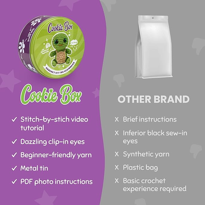 Cookie Box Crochet Kit for Beginners β Gift Set to Make Turtle Hugo Amigurumi Plushie β Easy DIY Crochet & Knitting Starter Kit with Video and PDF Tutorials