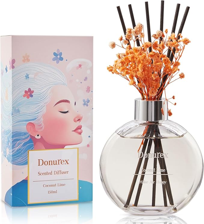 Donurex Flower Reed Diffuser Set 5.07oz Coconut Lime Scent Diffuser with Sticks Home Fragrance Reed Diffuser for Bathroom Shelf Decor