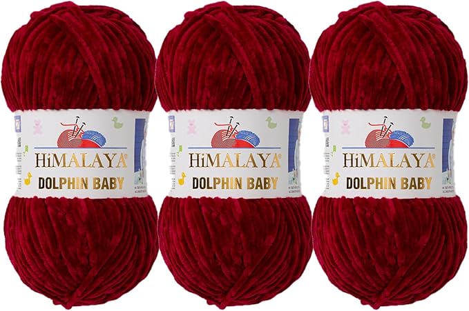 3 Skein/Pack Himalaya Dolphin Baby Chenille Yarn, Each Ball 100 gr (3.5 oz), 120 m (132 Yards), 100% Polyester, Super Bulky Baby Blanket Velvet Amigurumi Yarn, 80322 - Burgundy