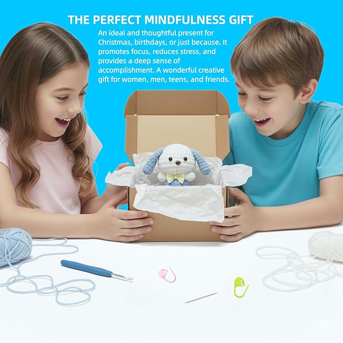 BUNUKY Crochet Kit for Complete Beginners - DIY Starter Kit to Make a Cute Puppy | Step-by-Step Video Tutorials for Easy Learning | Creative Craft Gift for Christmas, Adults, Teens (Sky Pup)