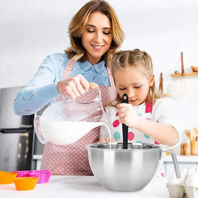 3PCS Double Boiler Pot Set, 2000ML/1.8QT Mixing Bowl with Scale 2800ML/ 2.54QT Stainless Steel Heating Pot with Silicone Spatula for Cheese Chocolate Candy Candle Soap Wax Melting (2000ml+2800ml)