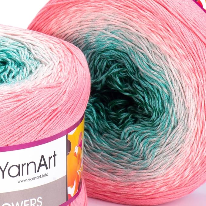 1 Skein/Pack Yarnart Flowers Gradient Yarn, Each Ball 8.8 Oz (250gr) / 1094 Yards (1000m), 55% Cotton 45% Acrylic, Superfine Fingering Weight for Knitting and Crochet, 292 - Pink Green