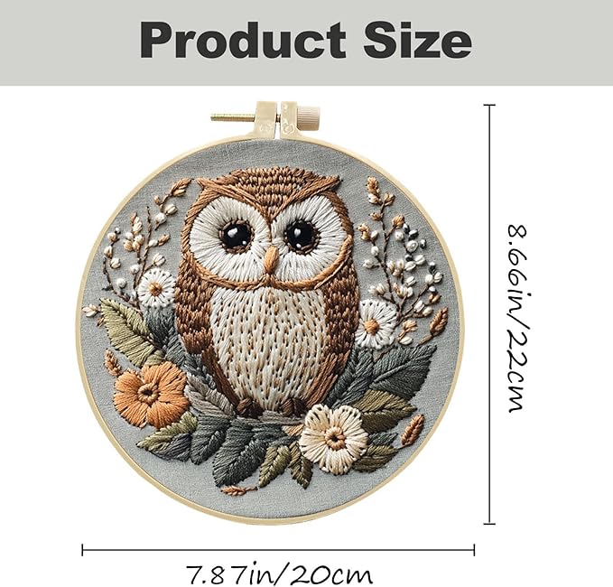 QBQBQ Owl Embroidery Kit - 8.2in, Owl Needlepoint Kits for Adults, Cross Stitch Kits for Beginners, Include Embroidery Cloth Bamboo Hoops and Step by Step Instructions, for Craft Lover Hand Stitch