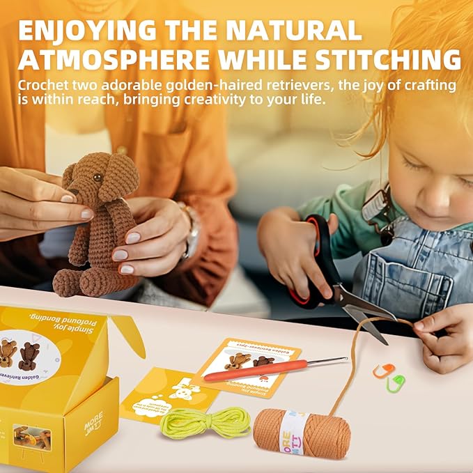 MOREJMTT Crochet Kit for Beginners, Knitting Kits,Crochet Animal Kits,Crocheting Kit for Starters with Step-by-Step Video Tutorials, Beginner Crochet Kits for Adults(2 Pack Golden Retriever)