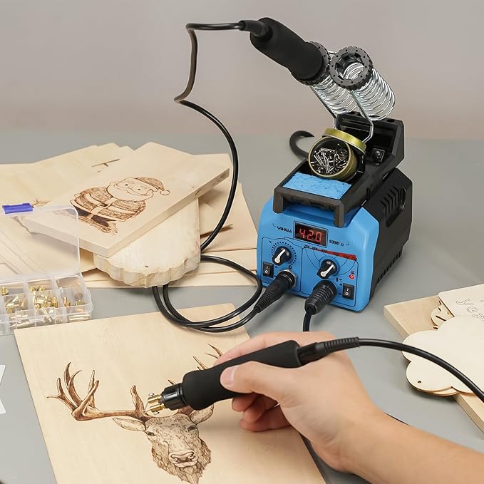 YIHUA 939D-II Pyrography Pen Wood Burning Kit Station 2-in-1 Solid-Point 200~480°C (with Temp Display)/Wire-Nib 250~750°C with 20 Nibs, Solid Points, 1 Stable Pen Holder, 2 Scrap Wood (Blue)