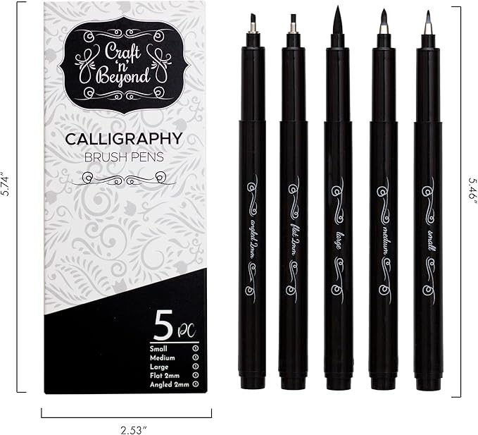 Craft 'n' Beyond Calligraphy Brush Pens Pack of 5 Markers for Hand Lettering, Art Drawing, Sketching, Scrapbooking, Writing, Journaling tip - Beginner Kit with Fadeproof Black Ink