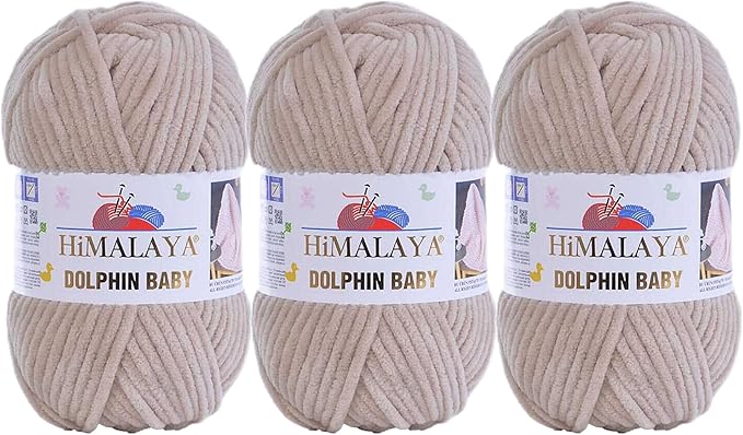 3 Skein/Pack Himalaya Dolphin Baby Chenille Yarn, Each Ball 100 gr (3.5 oz), 120 m (132 Yards), 100% Polyester, Super Bulky Baby Blanket Velvet Amigurumi Yarn, 80373 - Light Beige