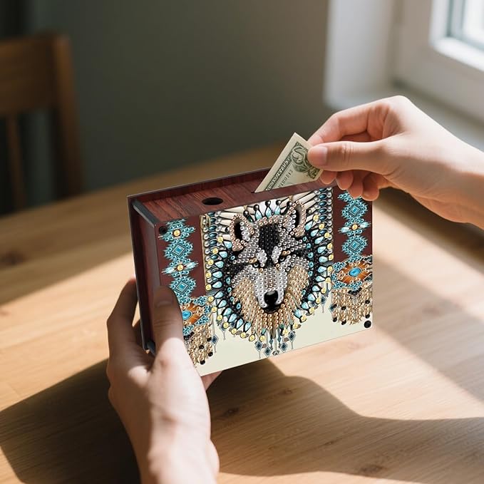 DIY Diamond Painting Money Box Kit, Wolf Head Adult 5D Diamond Art Money Box, Creative Coin Diamond Art Storage Jar, Suitable for Birthdays, Christmas, Home Decor Handicraft Gifts