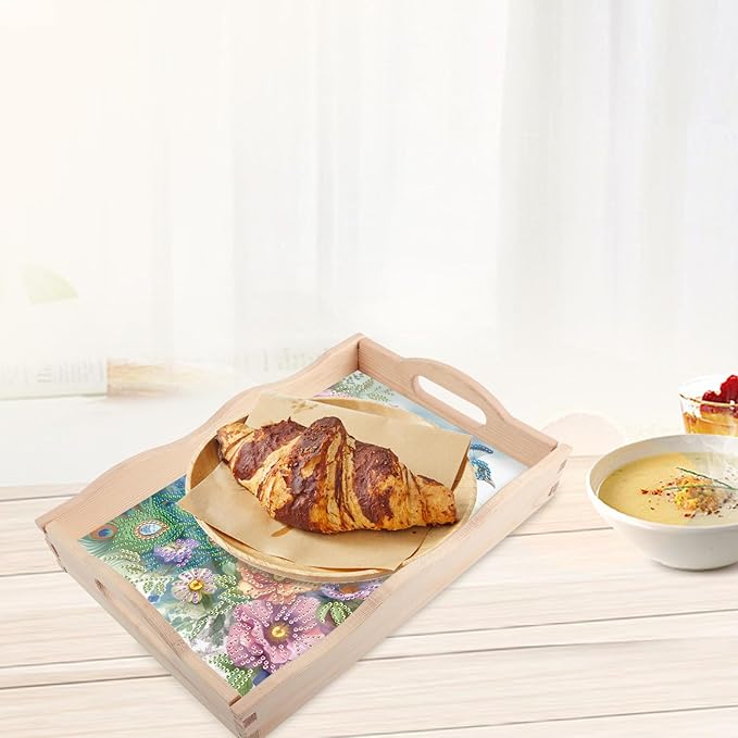 JISHSHAY Diamond Art Serving Tray Diamond Painting Food Tray Gem Art Serving Platter Gem Painting Mosaic Kits for Adults DIY Kits for Adults, with Wood Handle 20×30cm/7.87×11.81in, Peacock