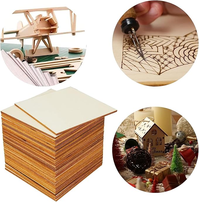 Unfinished Wood Pieces 50 Pcs 4"x4" Inch Wooden Cutout Tiles Blank Wood Slices Wooden Squares for DIY Crafts Home Decoration Painting Staining Unfinished Wood Cup Coasters