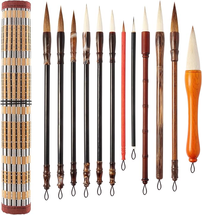 Corciosy 12 Pieces Chinese Calligraphy Brush Set - Premium Painting Writing Watercolor Sumi Brushes Set Kanji Japanese Drawing Art Brushes with Roll-up Brush Holder,Gift for Christams and New Year