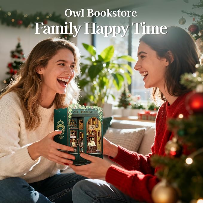 Fsolis Book Nook Kit, DIY Scene Miniature House Kit Tiny House Mini Booknook Craft Bookshelf Decor, 3D Puzzles for Adults, 139 Wooden Pieces, Scale Library Model, Gifts for Book Lovers(OWL Bookstore)