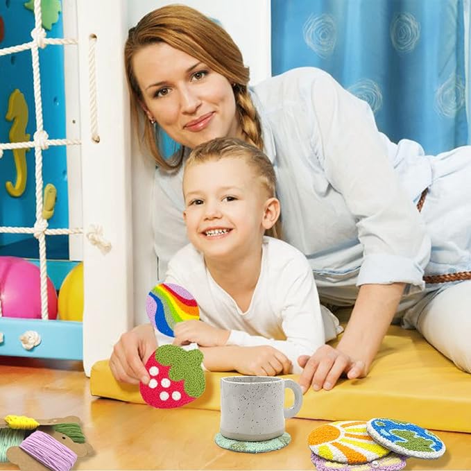 HAND U JOURNEY Craft Punch Needle Coasters Kit - 6 Patterns with Adhesive Felt, Yarns, Embroidery Hoop - Perfect for Adults, Beginners, and Starter with Instructions