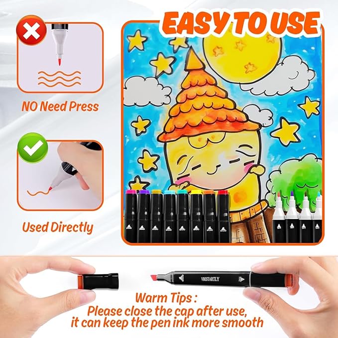 VBESTARTLY 80 Colors Alcohol Markers with Base, Permanent Dual Tip Art Markers for Adults Anime Coloring Sketch Illustrations Pefect for Gift- Refillable