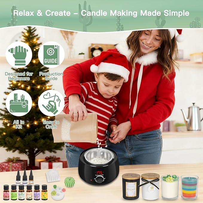 Candle Making Kit for Adults & Beginners - All-in-One DIY Candle Supplies with 1200g Natural Soy Wax, Hot Plate, 2 Succulent Molds, 8 Candle Jars, Gift Boxes & More | Perfect for Home Craft & Gifting