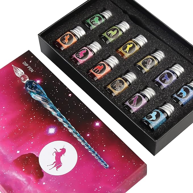mancola Glass Dipped Pen Ink Set Handmade Crystal Calligraphy Pen with 12 Colorful india ink for Art, Signatures, Drawing, Decoration, Calligraphy Kits for Beginners Ma-13