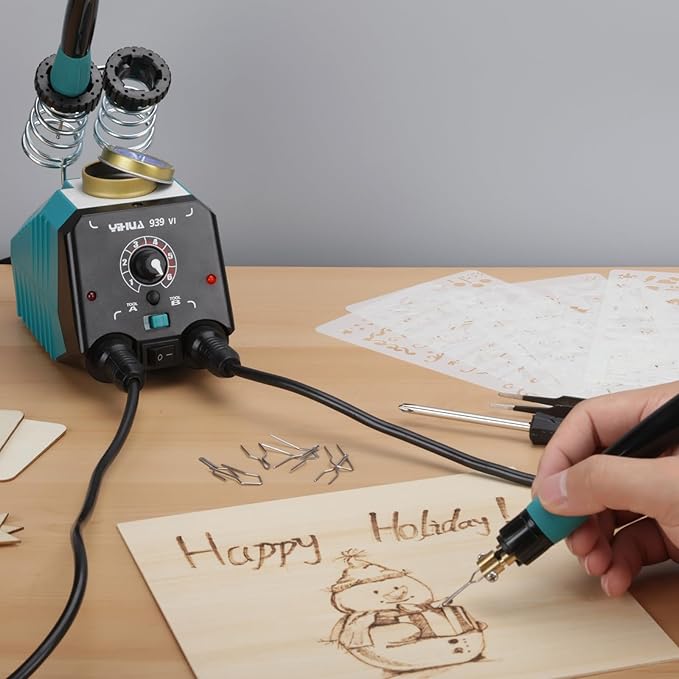 YIHUA 939-VI Dual Wood Burning Pen Wood Burning Kit with 23 Wire Nib in Varied Shapes, Detachable Pyrography Pen, 6 Wood Pieces, 6 Stencils and Screw Driver, Tweezers Used as Wood Burning Tool