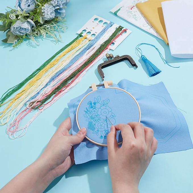 PLIGREAT DIY Flower Embroidery Coin Purse Kits for Beginners, Blue Stamped Sewing Handbag with Kiss Clasp Lock Cute Floral Handmade Change Purse Kit with All Supplies for Adults Women DIY Making