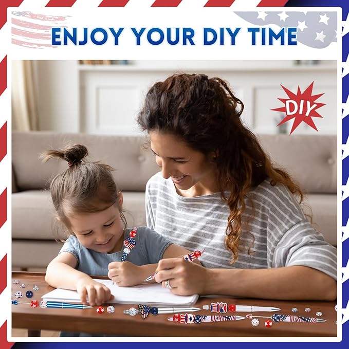 Geyee 12 Set Plastic Beadable Pens Assorted Bead Pens Crystal Wood Round Spacer Set Black Ink DIY Ballpoint for Women Men Gift Office Supplies(American Flag)