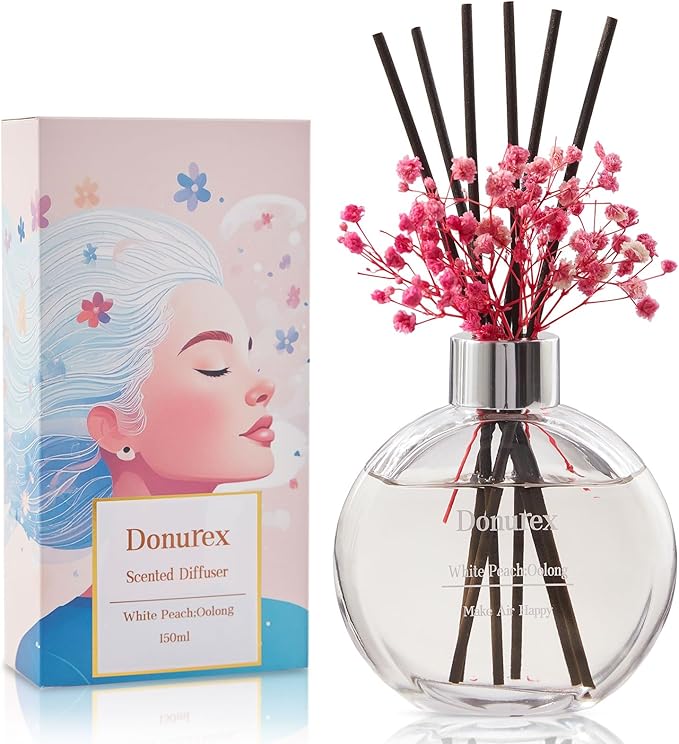 Donurex Flower Reed Diffuser Set 5.07oz White Peach & Oolong Scent Diffuser with Sticks Home Fragrance Reed Diffuser for Bathroom Shelf Decor